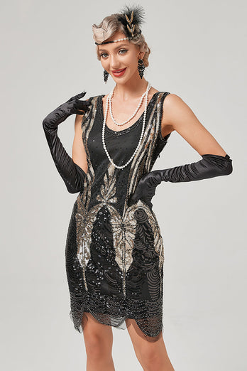 Black Golden Scoop Neck 1920s Dress