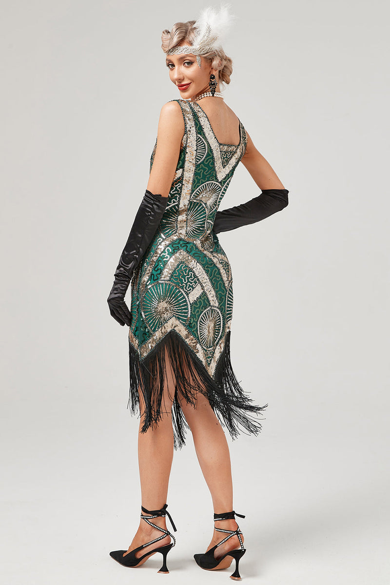 Load image into Gallery viewer, Dark Green 1920s Flapper Dress With Fringes