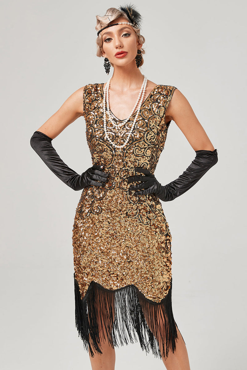 Load image into Gallery viewer, Dark Green Sequined V-Neck Gatsby Dress With Fringes