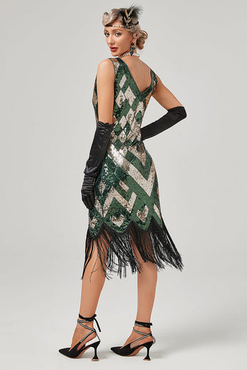 Green Scoop Neck Sleeveless Flapper Dress With Fringes