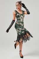 Load image into Gallery viewer, Green Scoop Neck Sleeveless Flapper Dress With Fringes