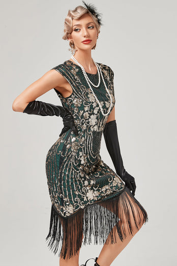 Green Round Neck Golden Embroidery 1920s Dress With Fringes