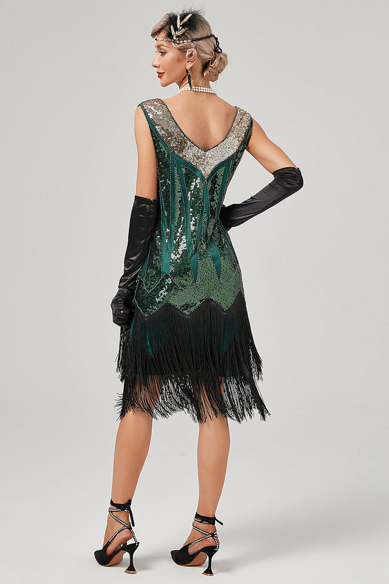 Zapaka Women 1920s Dress Black Green V-Neck Flapper Dress With Fringes ...