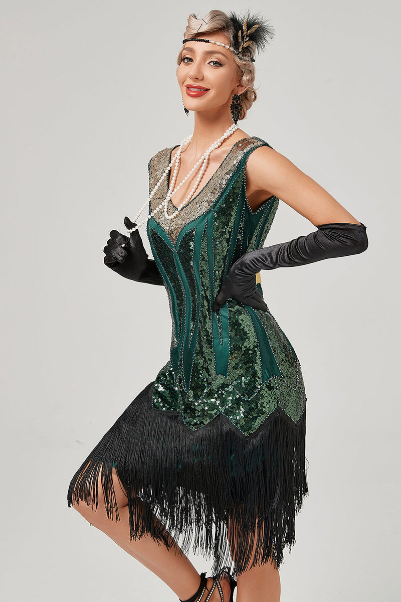 Zapaka Women 1920s Dress Black Green V-Neck Flapper Dress With Fringes ...