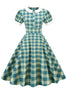 Load image into Gallery viewer, Jewel Neck Green Grid 1950s Dress with Short Sleeves