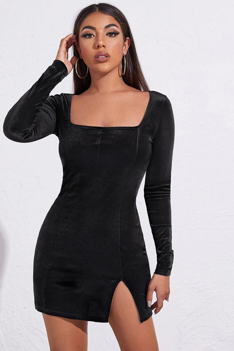 Load image into Gallery viewer, Long Sleeves Velvet Little Black Dress with Slit