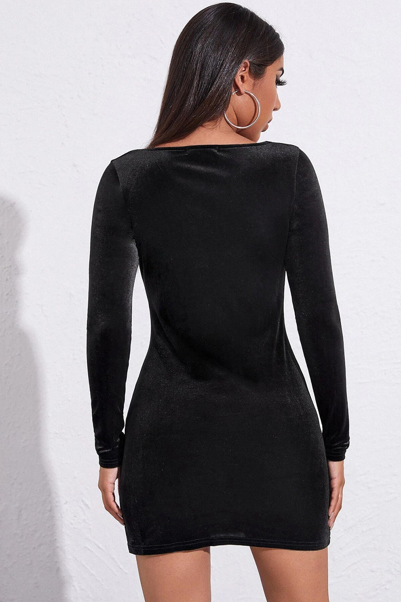 Load image into Gallery viewer, Long Sleeves Velvet Little Black Dress with Slit