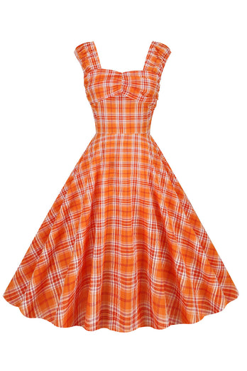 One-Line Neck High-Waisted Vintage Plaid Dress