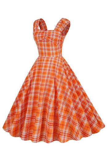 One-Line Neck High-Waisted Vintage Plaid Dress