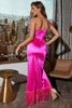 Load image into Gallery viewer, Fuchsia Satin One Shoulder Prom Dress with Fringes