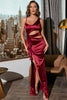 Load image into Gallery viewer, Burgundy Satin Ruffles Prom Dress with Slit