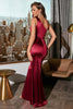 Load image into Gallery viewer, Burgundy Satin Ruffles Prom Dress with Slit