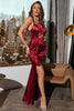 Load image into Gallery viewer, Burgundy Satin Ruffles Prom Dress with Slit