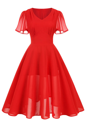 A Line V Neck Red Vintage Dress with Short Sleeves