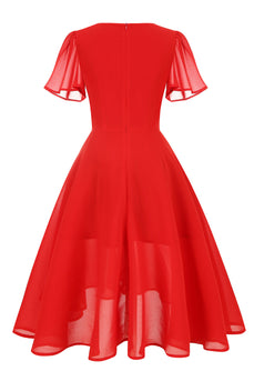 A Line V Neck Red Vintage Dress with Short Sleeves