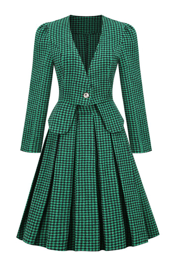 A Line V Neck Green Grid Plaid Vintage Dress