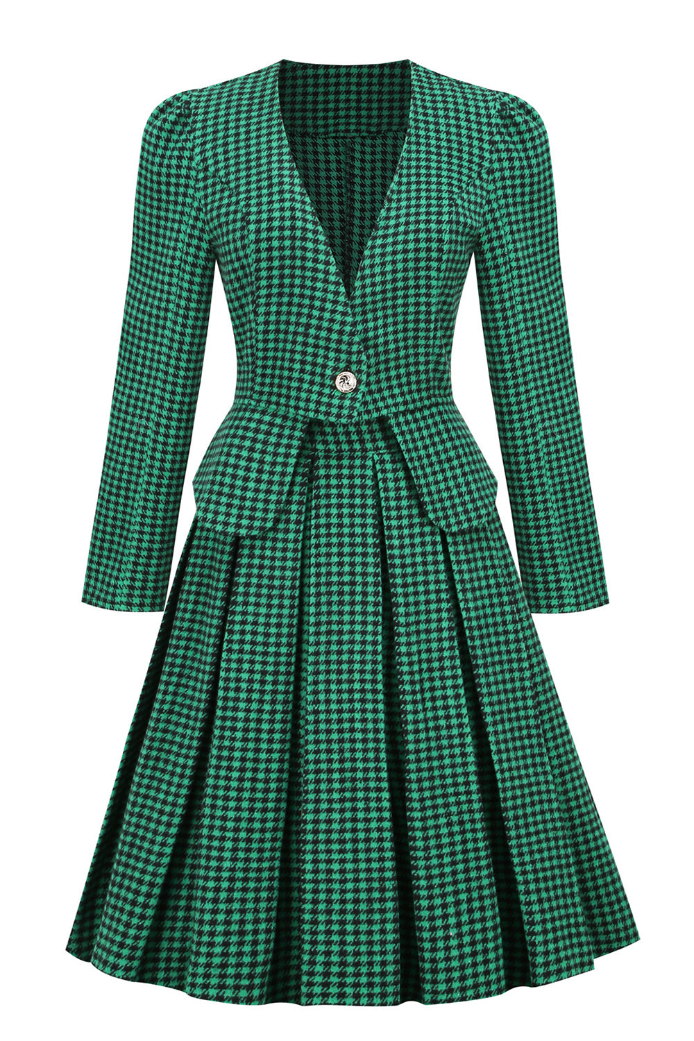 A Line V Neck Green Grid Plaid Vintage Dress