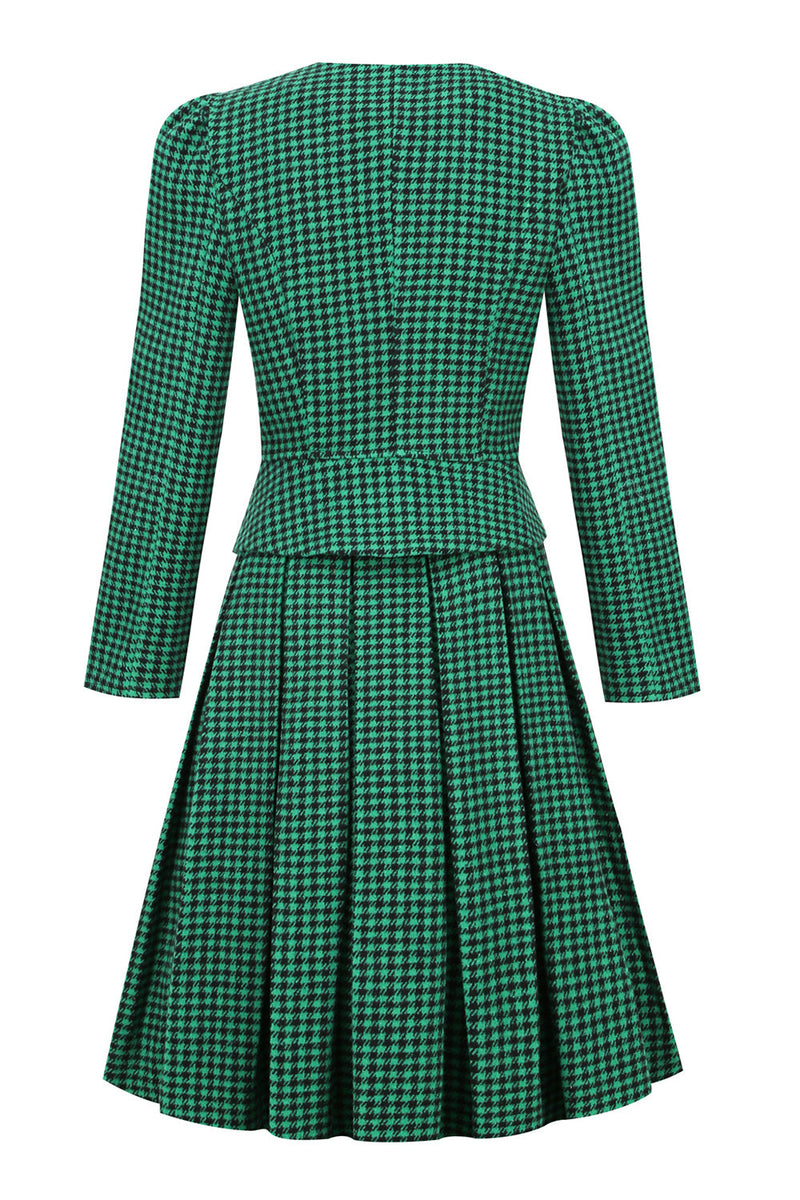 Load image into Gallery viewer, A Line V Neck Green Grid Plaid Vintage Dress