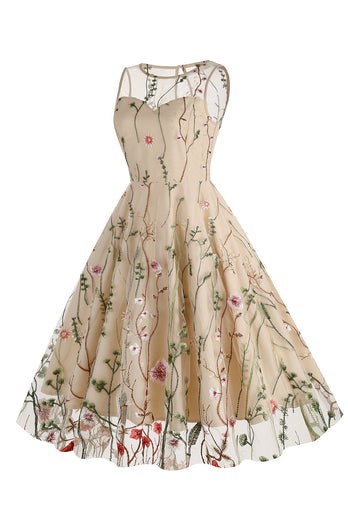 Light Khaki Embroidery Vintage 1950s Dress