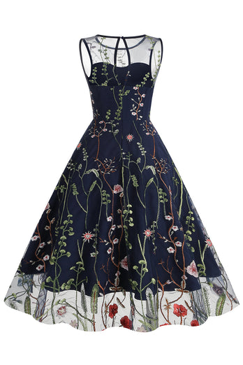 Jewel Neck Light Khaki Vintage Dress with Embroidery