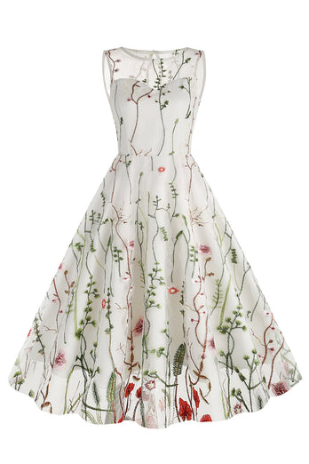 Jewel Neck Light Khaki Vintage Dress with Embroidery