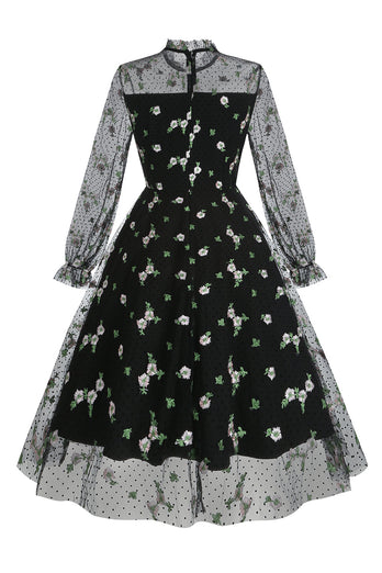 A Line High Neck Black Vintage Dress with Lace