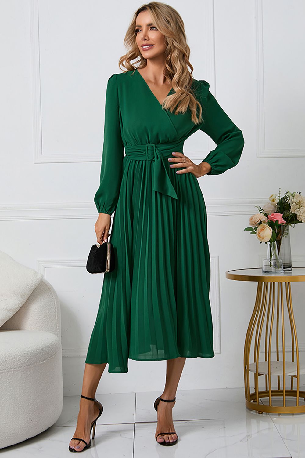 dark green casual dress ZAPAKA Women Casual Dress Long Sleeves Green A-line Party Dress with Ruffles – ZAPAKA UK