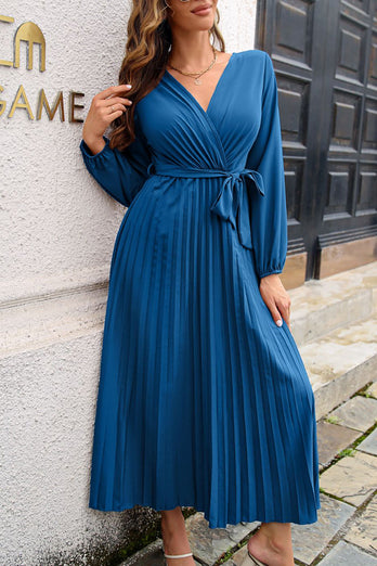 Blue V-Neck Casual Dress With Sash