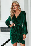 Dark Green Velvet Long Sleeves Wrap Party Dress
