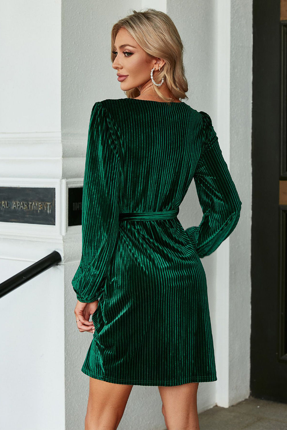Dark Green Velvet Long Sleeves Wrap Party Dress