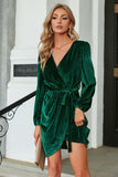 Dark Green Velvet Long Sleeves Wrap Party Dress