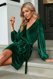 Dark Green Velvet Long Sleeves Wrap Party Dress