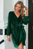 Dark Green Velvet Long Sleeves Wrap Party Dress
