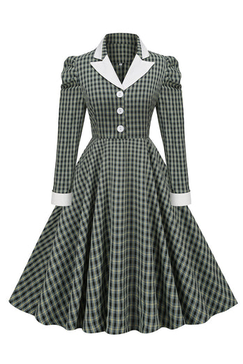 Vintage British Style Slim Fit Lapel Green Grid 1950s Dress