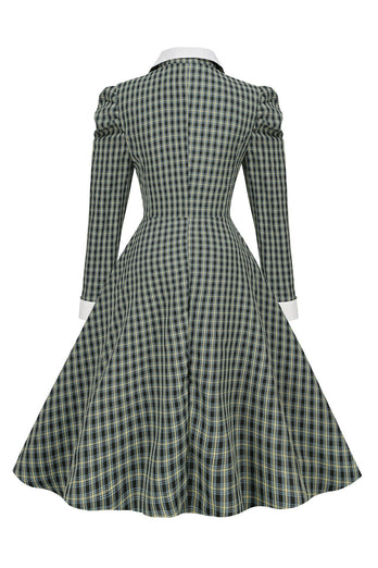 Vintage British Style Slim Fit Lapel Green Grid 1950s Dress