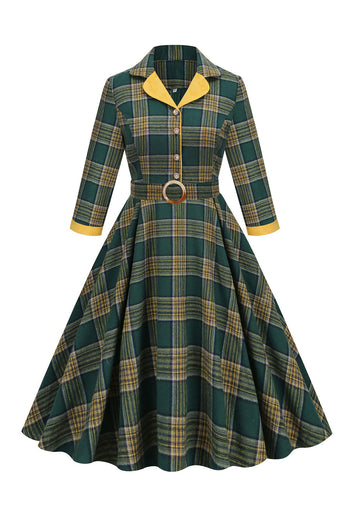 V Neck Green Grid Vintage Dress with 3/4 Sleeves