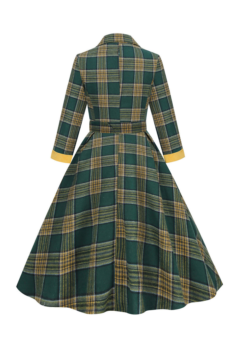 Load image into Gallery viewer, V Neck Green Grid Vintage Dress with 3/4 Sleeves
