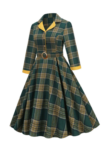 V Neck Green Grid Vintage Dress with 3/4 Sleeves