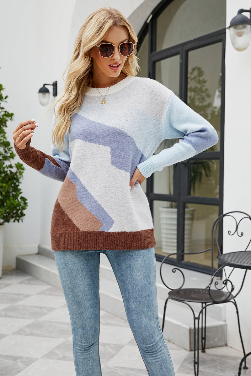 Load image into Gallery viewer, Crew Neck Blue Color Panel Knitted Sweater