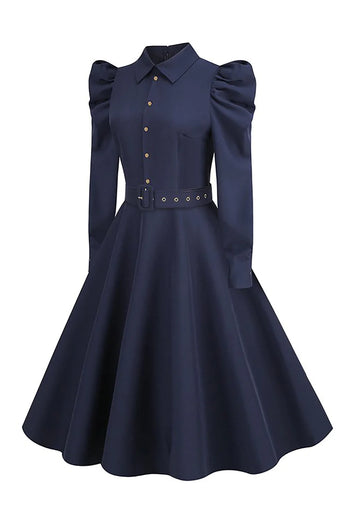 Long Sleeves Navy Vintage Dress