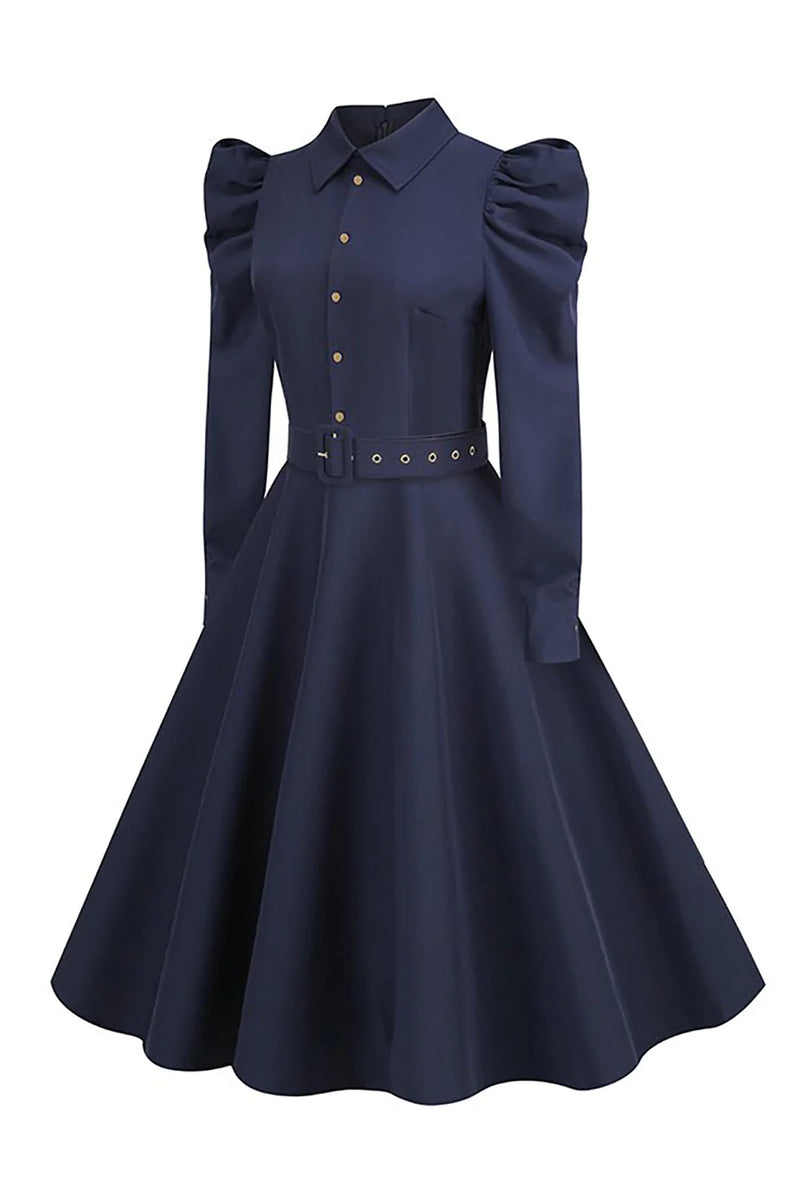 Load image into Gallery viewer, Long Sleeves Navy Vintage Dress