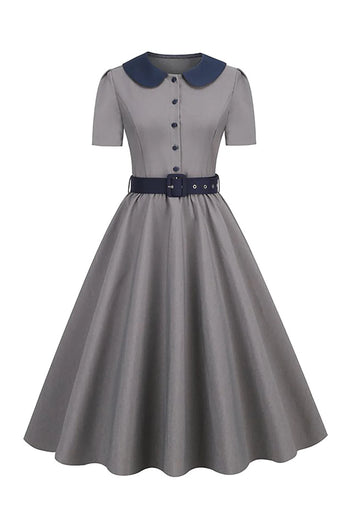 Peter Pan Collar Grey 1950s Dress with Belt
