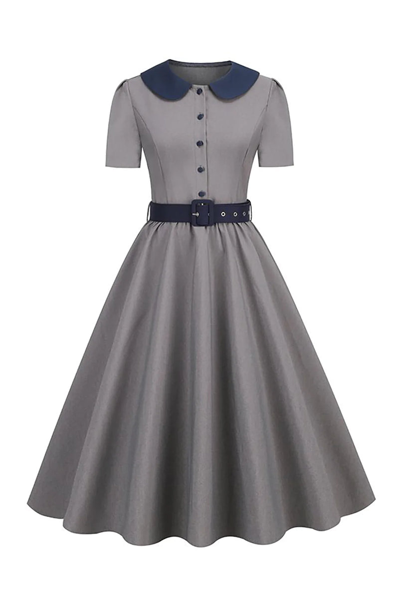 Load image into Gallery viewer, Peter Pan Collar Grey 1950s Dress with Belt