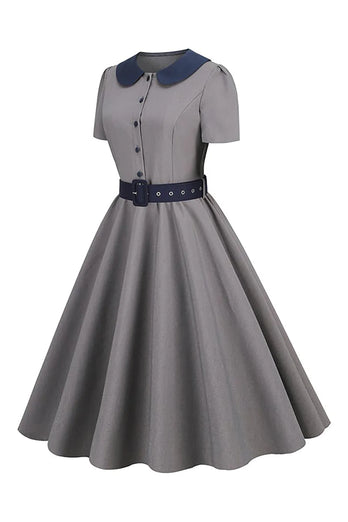 Peter Pan Collar Grey 1950s Dress with Belt
