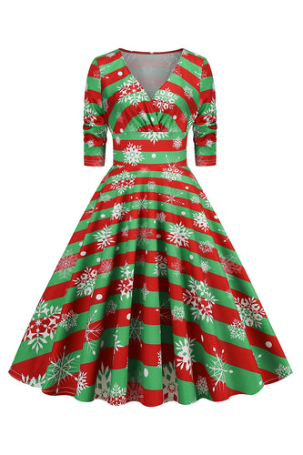 Green Christmas V-Neck Vintage Dress