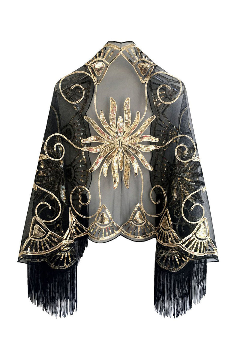 Load image into Gallery viewer, Black Golden Sequined 1920s Cape With Fringes