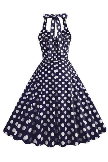 Hepburn Style Polka Dots Blue 1950s Dress