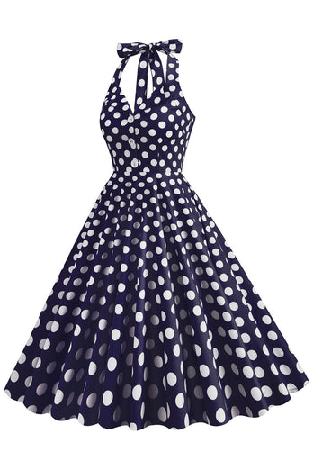 Hepburn Style Polka Dots Blue 1950s Dress