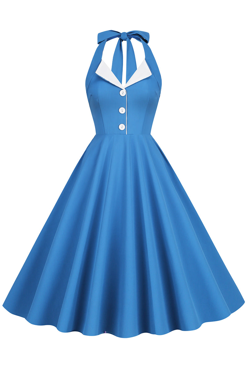 Load image into Gallery viewer, Hepburn Style Halter Neck Blue 1950s Dress