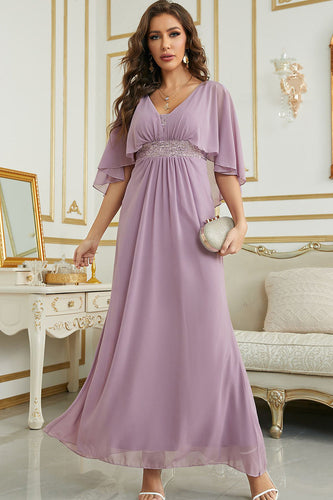 Grey Purple Chiffon Long Wedding Guest Dress with Sequins